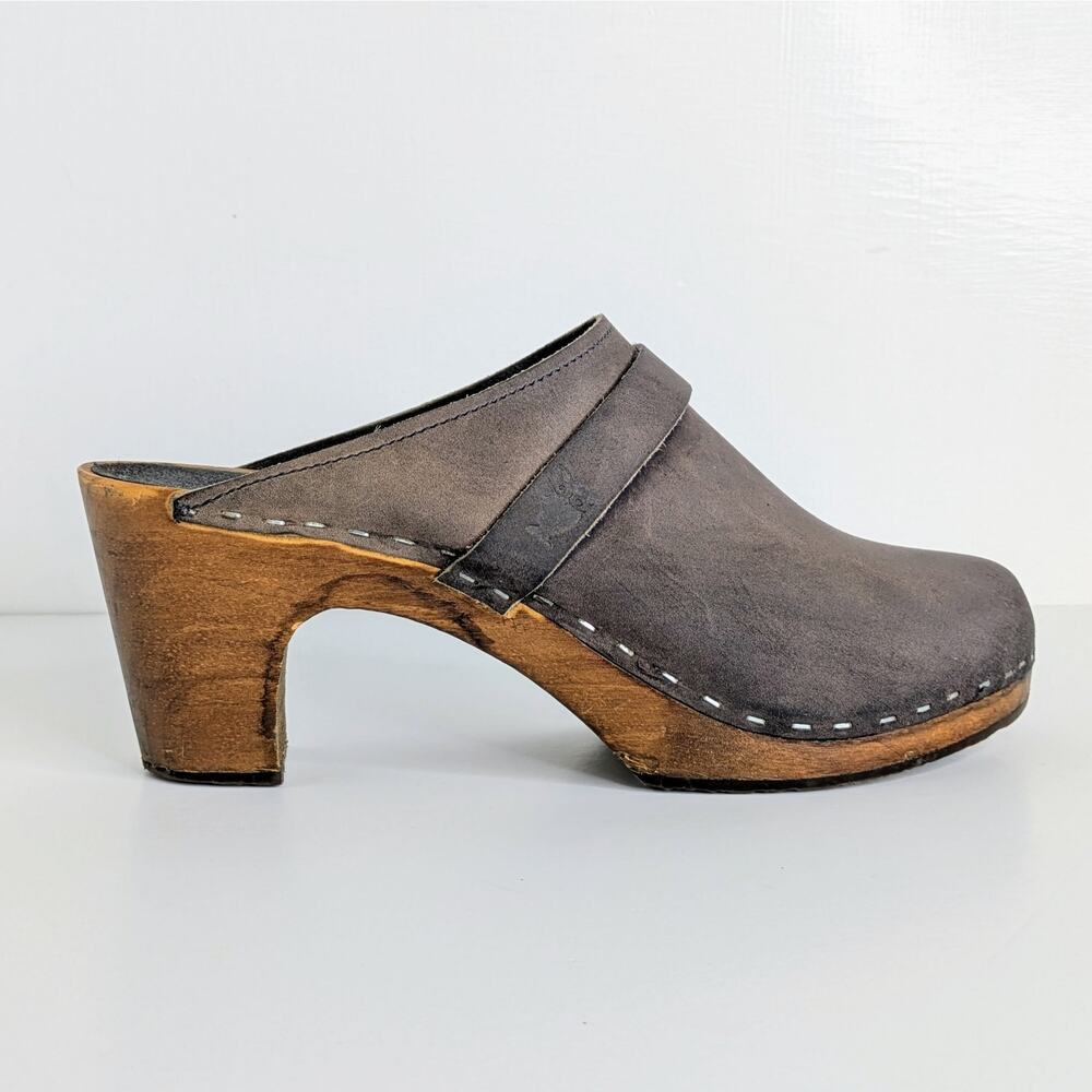 Sandgrens Maya Clogs 39 Brown Nubuck Leather 3" Heel Swedish Wood Base Runs 8.5 - Picture 8 of 16
